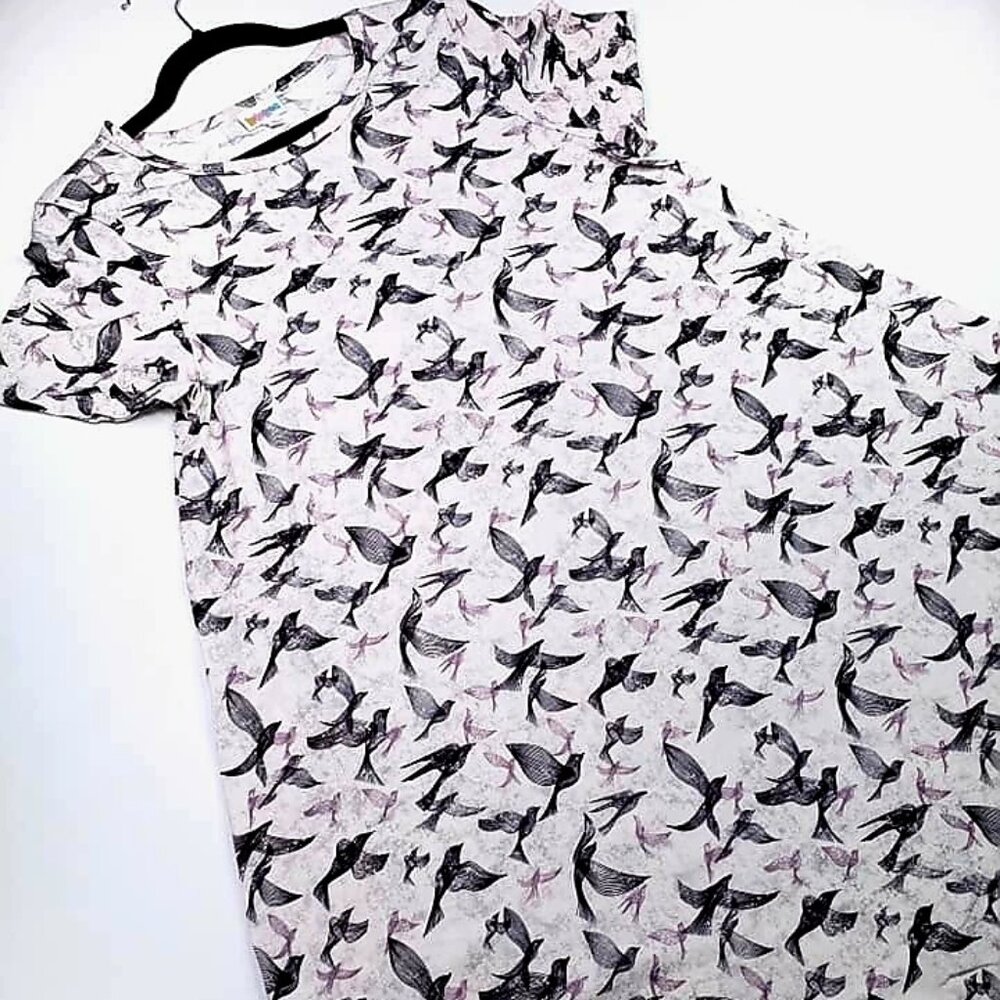 NEW LuLaRoe L Carly Black White Birds Gray Swing Dress High Low Flowy NWT Avian